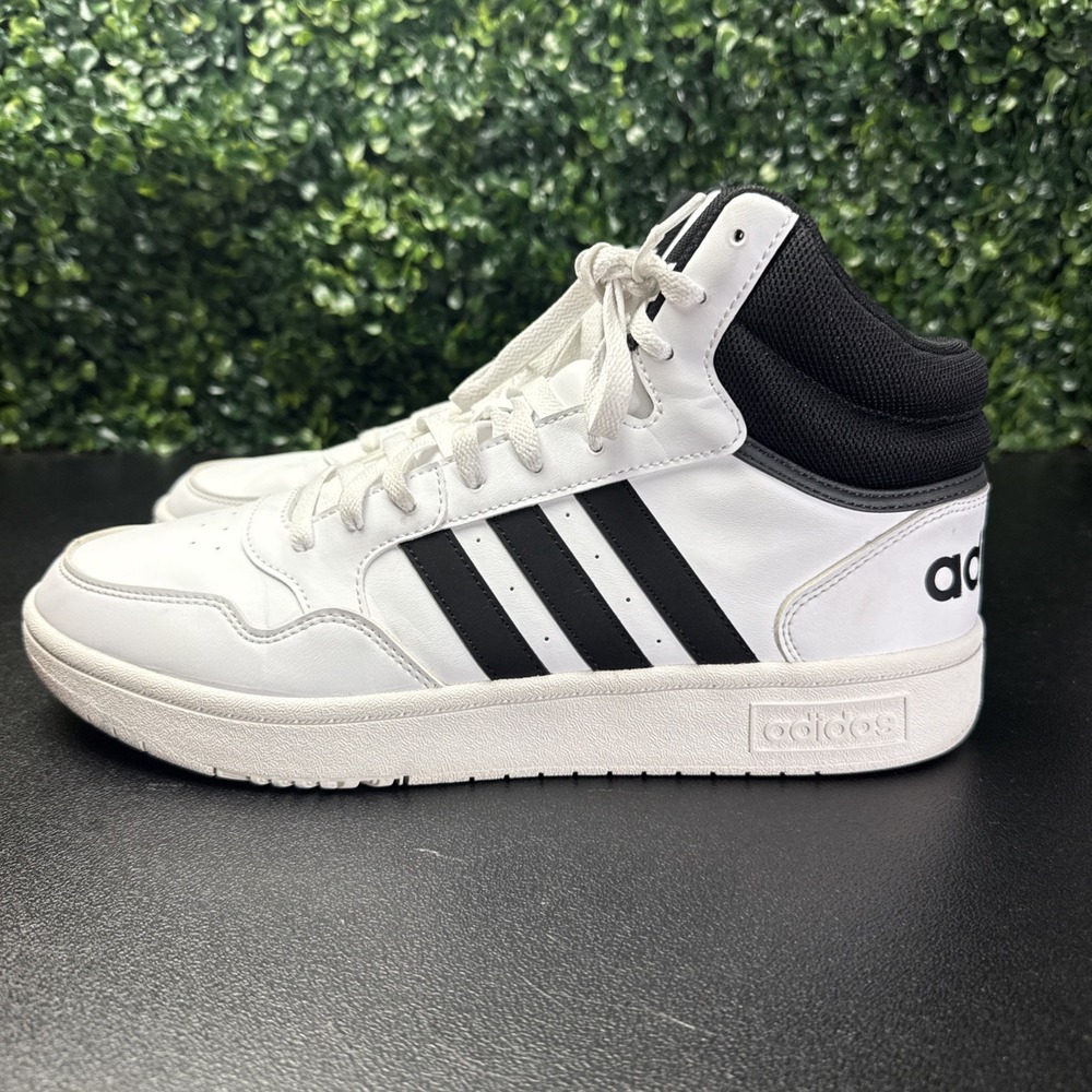 Adidas Hoops Mid Top Shoes Mens 10 White Black Basketball Sneakers 3 Stripes